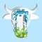 Cow head with milk carton box, splash and flowers, vector paper cut illustration. Fresh milk, dairy products logo, ads.