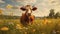Cow with horns grazes on meadow with lush grass and
