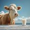 Cow and milk against a blue sky, pastoral scene