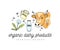 Cow, milk jug, milk glass bottle, dandelion, dandelion parachutes or seeds, logo design. Animal, pets, dairy farm, cattle, plant a