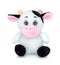 Cow plushie doll isolated on white background with shadow reflection. Cow plush stuffed puppet on white backdrop. Cow toy.