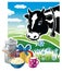 Cow with a set of dairy products.