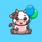 Cow Sitting Hold Balloon Cute Creative Kawaii Cartoon