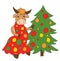 A cow in a smart dress decorates the christmas tree with balls, symbol 2021, graphic color sketch on a white background