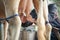 Cow teat being milked in dairy farm. milking of cattle