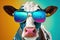 a cow wearing sunglasses and a cow with blue mirrored sunglasses