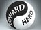 Coward and hero in balance - pictured as words Coward, hero and yin yang symbol, to show harmony between Coward and hero, 3d