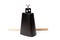 Cowbell percussion musical instrument, black metal with a wooden stick