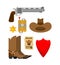 Cowboy accessory set. hat and Boots. western icon. Wild west shoes and handkerchief. Gun and Sheriff Star