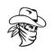 Cowboy Bandit or Outlaw Wearing Face Mask Side View Mascot Black and White