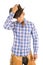 Cowboy blue plaid shirt hold hat on head