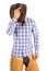 Cowboy blue plaid shirt hold hat over face