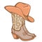 Cowboy boots and cowboy hat. Cowgirl boots vector vintage color illustration on old paper background for text