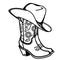 Cowboy boots and cowboy hat with  flowers decoration. Cowgirl boots vector black graphic illustration isolated on white for print