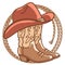 Cowboy boots and cowboy hat with rodeo lasso isolated on white. Vector western illustration with Western cowboy elements