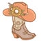 Cowboy boots and cowboy hat with sunflowers decoration. Cowgirl boots vector vintage color illustration isolated for print.