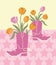 Cowboy boots with flowers decoration. Vector cowboy boots with beautiful yellow pink tulips on stars card backgrolund.