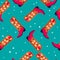 Cowboy boots with flowers and hearts on vibrant blue background, seamless pattern. Cute festive repeat pattern. Bright colorful