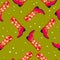 Cowboy boots with flowers and hearts on vibrant green background, seamless pattern. Cute festive repeat pattern. Bright colorful