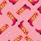 Cowboy boots with flowers and hearts on vibrant pink background, seamless pattern. Cute festive repeat pattern. Bright colorful