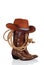 Cowboy boots with hat and a lasso