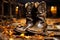 Cowboy boots, spurs, lasso on weathered barn floor