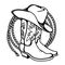 Cowboy boots and western hat and cowboy lasso. Vector graphic hand drawn illustration rodeo cowboy clothes isolated on white for