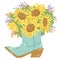 Cowboy boots with yellow sunflowers bouquet decoration. Country western boots vector color illustration Country wedding decor