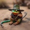 A cowboy chameleon with a ten-gallon hat, boots, and a lasso on the wild west range3