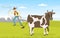 Cowboy Character Working on Farm and Grazing Cows, Male Farmer Following Row with Lasso Vector Illustration