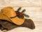 Cowboy Christmas.American West traditional boots and hat on wood