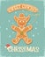 Cowboy Christmas gingerbread man cookie vintage card illustration with christmas text on old paper texture.