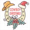 Cowboy Christmas horseshoe with holiday symbols. Vector illustration Country Christmas with cowboy hat and Santa hat isolated on