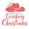 Cowboy christmas. Vector Santa with cowboy boots and hat sit on horseshoe decorated holly berry and hold lasso christmas text