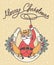 Cowboy christmas. Vector Santa with cowboy boots and hat sit on horseshoe decorated holly berry and hold lasso christmas text