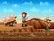 Cowboy and cowgirl herding pigs in the desert