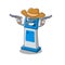 Cowboy digital information cartoon kiosk above mascot table