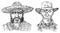 Cowboy face close up. Sheriff and Mexican man in sombrero hat. Western rodeo icon, Texas Ranger, Wild West, Country