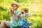 Cowboy family collecting flowers in baskets. Ranch concept. Wild flowers in field. Happy holidays. Mother and cute son