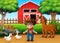 A cowboy and farm animal in front the barn