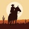cowboy figure silhouette in horse desert landscape scene