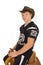 Cowboy in football jersey sitting on saddle