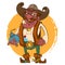 Cowboy gangster with a bomb in cartoon caricature style