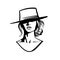 Cowboy girl face with hat. Black and white Vector.