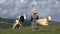 Cowboy Girl Pasturing Cows, Farmer Child with Cattle, Cowherd Kid on Field 4K
