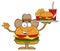Cowboy Hamburger Cartoon Character Holding A Platter With Burger, French Fries And A Soda