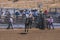 Cowboy hanging backwards on horse at Rodeo Santa Maria, CA, USA