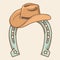 Cowboy hat and horseshoe symbol Rodeo. Vector color illustration cowboy stuff for deign isolated