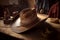 Cowboy hat in production. Tools for making traditional American clothing. Interior of the workshop