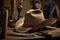 Cowboy hat in production. Tools for making traditional American clothing. Interior of the workshop